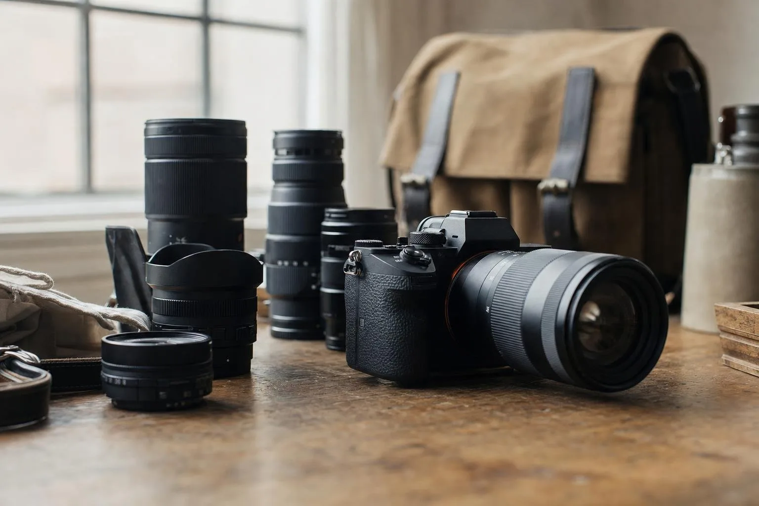 A camera body with a prime lens on a workbench